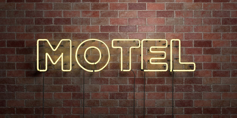 Fototapeta na wymiar MOTEL - fluorescent Neon tube Sign on brickwork - Front view - 3D rendered royalty free stock picture. Can be used for online banner ads and direct mailers..