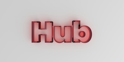 Hub - Red glass text on white background - 3D rendered royalty free stock image.