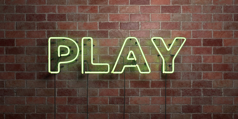 Obraz premium PLAY - fluorescent Neon tube Sign on brickwork - Front view - 3D rendered royalty free stock picture. Can be used for online banner ads and direct mailers..