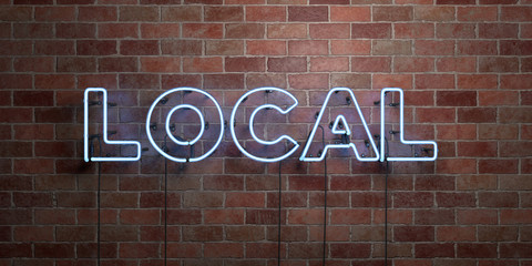 LOCAL - fluorescent Neon tube Sign on brickwork - Front view - 3D rendered royalty free stock picture. Can be used for online banner ads and direct mailers..