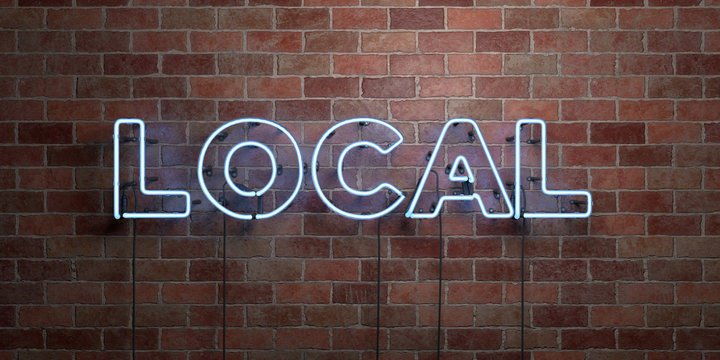 LOCAL - fluorescent Neon tube Sign on brickwork - Front view - 3D rendered royalty free stock picture. Can be used for online banner ads and direct mailers..