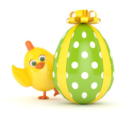 3d render of Easter chick with painted egg
