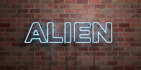 Fototapeta na wymiar ALIEN - fluorescent Neon tube Sign on brickwork - Front view - 3D rendered royalty free stock picture. Can be used for online banner ads and direct mailers..