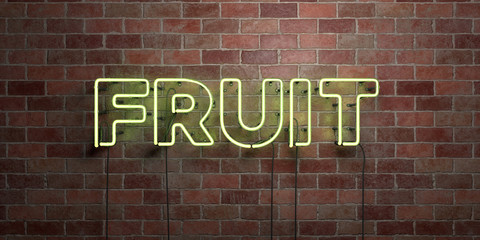 FRUIT - fluorescent Neon tube Sign on brickwork - Front view - 3D rendered royalty free stock picture. Can be used for online banner ads and direct mailers..