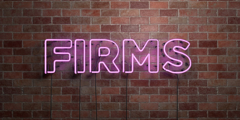 FIRMS - fluorescent Neon tube Sign on brickwork - Front view - 3D rendered royalty free stock picture. Can be used for online banner ads and direct mailers..