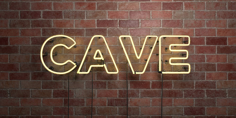 CAVE - fluorescent Neon tube Sign on brickwork - Front view - 3D rendered royalty free stock picture. Can be used for online banner ads and direct mailers..