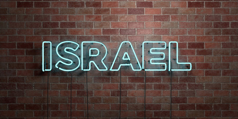 Obraz premium ISRAEL - fluorescent Neon tube Sign on brickwork - Front view - 3D rendered royalty free stock picture. Can be used for online banner ads and direct mailers..