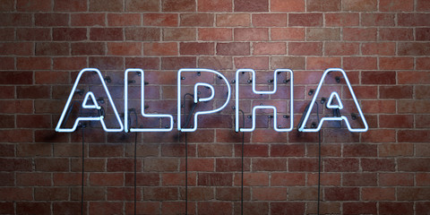 ALPHA - fluorescent Neon tube Sign on brickwork - Front view - 3D rendered royalty free stock picture. Can be used for online banner ads and direct mailers..