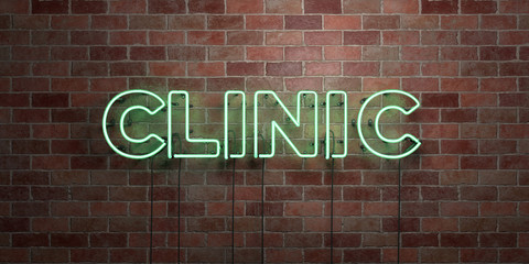 CLINIC - fluorescent Neon tube Sign on brickwork - Front view - 3D rendered royalty free stock picture. Can be used for online banner ads and direct mailers..
