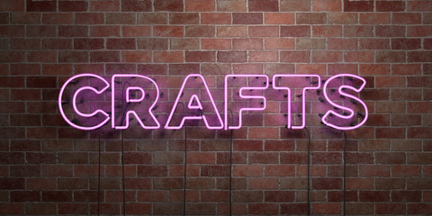 CRAFTS - fluorescent Neon tube Sign on brickwork - Front view - 3D rendered royalty free stock picture. Can be used for online banner ads and direct mailers..