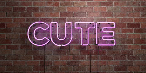 CUTE - fluorescent Neon tube Sign on brickwork - Front view - 3D rendered royalty free stock picture. Can be used for online banner ads and direct mailers..