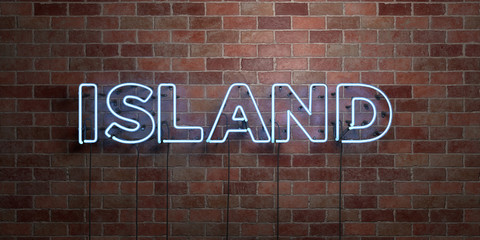 ISLAND - fluorescent Neon tube Sign on brickwork - Front view - 3D rendered royalty free stock picture. Can be used for online banner ads and direct mailers..