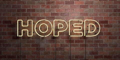 HOPED - fluorescent Neon tube Sign on brickwork - Front view - 3D rendered royalty free stock picture. Can be used for online banner ads and direct mailers..