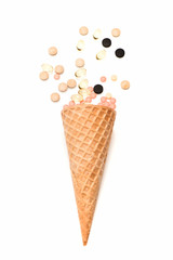 pills, drug capsule in waffle cone isolated on white background