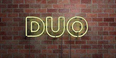 DUO - fluorescent Neon tube Sign on brickwork - Front view - 3D rendered royalty free stock picture. Can be used for online banner ads and direct mailers..