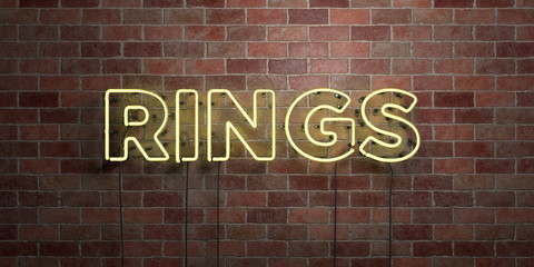 RINGS - fluorescent Neon tube Sign on brickwork - Front view - 3D rendered royalty free stock picture. Can be used for online banner ads and direct mailers..