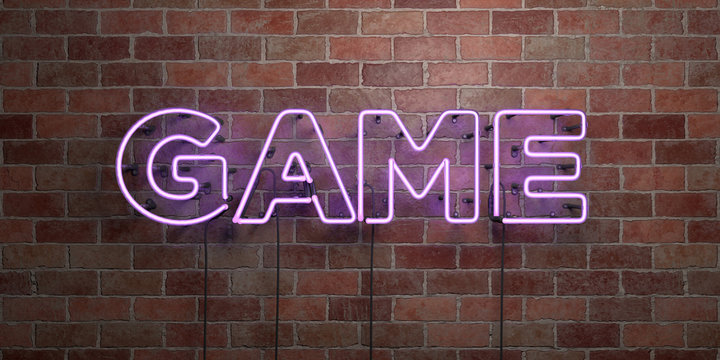 GAME - fluorescent Neon tube Sign on brickwork - Front view - 3D rendered royalty free stock picture. Can be used for online banner ads and direct mailers..