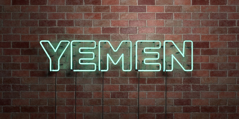 YEMEN - fluorescent Neon tube Sign on brickwork - Front view - 3D rendered royalty free stock picture. Can be used for online banner ads and direct mailers..
