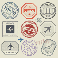 Travel stamps or adventure symbols set, Japan airport theme