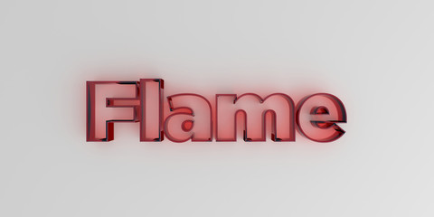 Flame - Red glass text on white background - 3D rendered royalty free stock image.