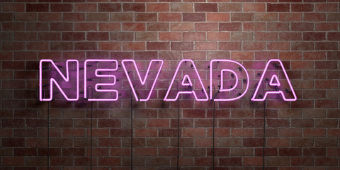 NEVADA - fluorescent Neon tube Sign on brickwork - Front view - 3D rendered royalty free stock picture. Can be used for online banner ads and direct mailers..