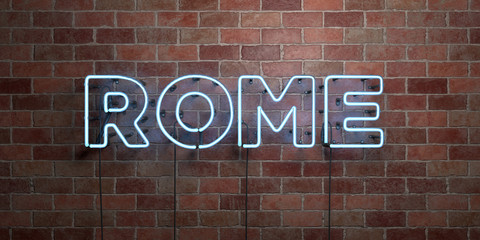 ROME - fluorescent Neon tube Sign on brickwork - Front view - 3D rendered royalty free stock picture. Can be used for online banner ads and direct mailers..