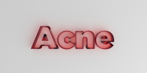 Acne - Red glass text on white background - 3D rendered royalty free stock image.