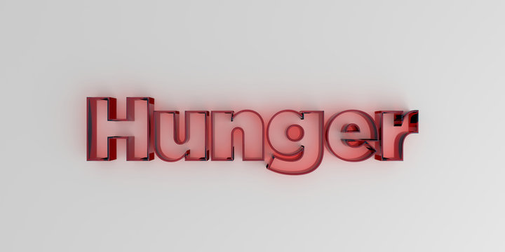 Hunger - Red glass text on white background - 3D rendered royalty free stock image.