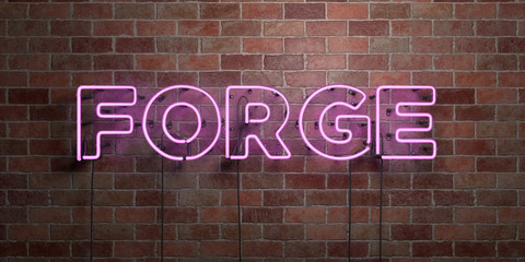 FORGE - fluorescent Neon tube Sign on brickwork - Front view - 3D rendered royalty free stock picture. Can be used for online banner ads and direct mailers..