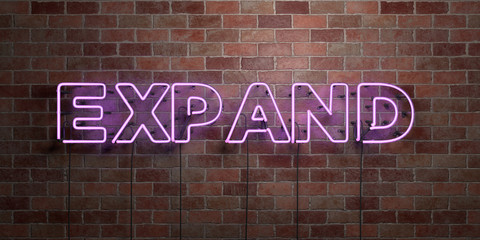 EXPAND - fluorescent Neon tube Sign on brickwork - Front view - 3D rendered royalty free stock picture. Can be used for online banner ads and direct mailers..