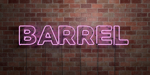 Obraz na płótnie Canvas BARREL - fluorescent Neon tube Sign on brickwork - Front view - 3D rendered royalty free stock picture. Can be used for online banner ads and direct mailers..
