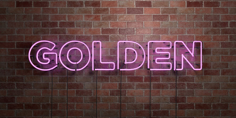 GOLDEN - fluorescent Neon tube Sign on brickwork - Front view - 3D rendered royalty free stock picture. Can be used for online banner ads and direct mailers..