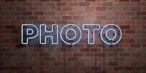 Fototapeta premium PHOTO - fluorescent Neon tube Sign on brickwork - Front view - 3D rendered royalty free stock picture. Can be used for online banner ads and direct mailers..