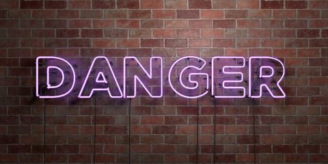 DANGER - fluorescent Neon tube Sign on brickwork - Front view - 3D rendered royalty free stock picture. Can be used for online banner ads and direct mailers..