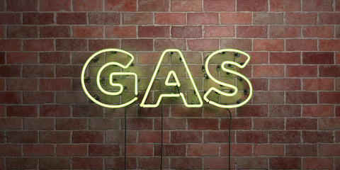 GAS - fluorescent Neon tube Sign on brickwork - Front view - 3D rendered royalty free stock picture. Can be used for online banner ads and direct mailers..