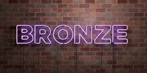 BRONZE - fluorescent Neon tube Sign on brickwork - Front view - 3D rendered royalty free stock picture. Can be used for online banner ads and direct mailers..