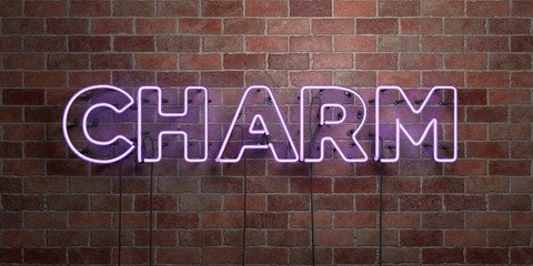 CHARM - fluorescent Neon tube Sign on brickwork - Front view - 3D rendered royalty free stock picture. Can be used for online banner ads and direct mailers..