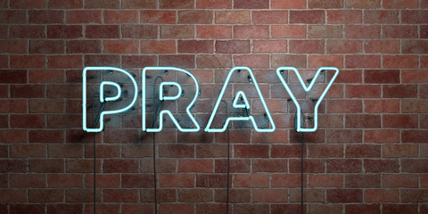 Fototapeta na wymiar PRAY - fluorescent Neon tube Sign on brickwork - Front view - 3D rendered royalty free stock picture. Can be used for online banner ads and direct mailers..