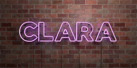 CLARA - fluorescent Neon tube Sign on brickwork - Front view - 3D rendered royalty free stock picture. Can be used for online banner ads and direct mailers..