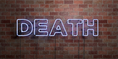 DEATH - fluorescent Neon tube Sign on brickwork - Front view - 3D rendered royalty free stock picture. Can be used for online banner ads and direct mailers..