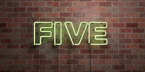 Obraz premium FIVE - fluorescent Neon tube Sign on brickwork - Front view - 3D rendered royalty free stock picture. Can be used for online banner ads and direct mailers..