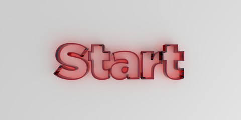 Start - Red glass text on white background - 3D rendered royalty free stock image.