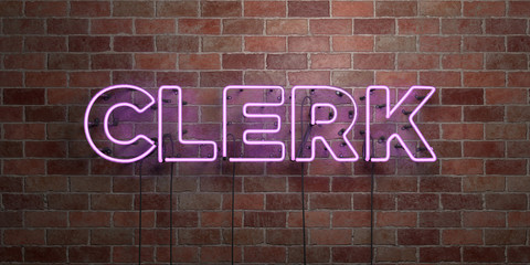 CLERK - fluorescent Neon tube Sign on brickwork - Front view - 3D rendered royalty free stock picture. Can be used for online banner ads and direct mailers..