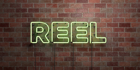 Fototapeta na wymiar REEL - fluorescent Neon tube Sign on brickwork - Front view - 3D rendered royalty free stock picture. Can be used for online banner ads and direct mailers..