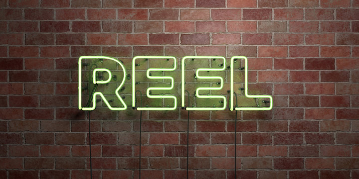 REEL - fluorescent Neon tube Sign on brickwork - Front view - 3D rendered royalty free stock picture. Can be used for online banner ads and direct mailers..