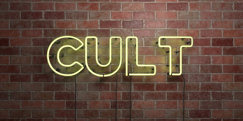 CULT - fluorescent Neon tube Sign on brickwork - Front view - 3D rendered royalty free stock picture. Can be used for online banner ads and direct mailers..
