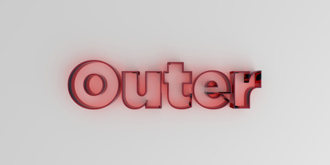 Outer - Red glass text on white background - 3D rendered royalty free stock image.