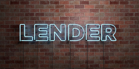 LENDER - fluorescent Neon tube Sign on brickwork - Front view - 3D rendered royalty free stock picture. Can be used for online banner ads and direct mailers..