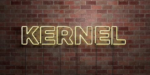 KERNEL - fluorescent Neon tube Sign on brickwork - Front view - 3D rendered royalty free stock picture. Can be used for online banner ads and direct mailers..