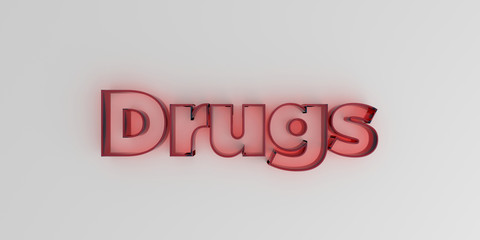 Drugs - Red glass text on white background - 3D rendered royalty free stock image.